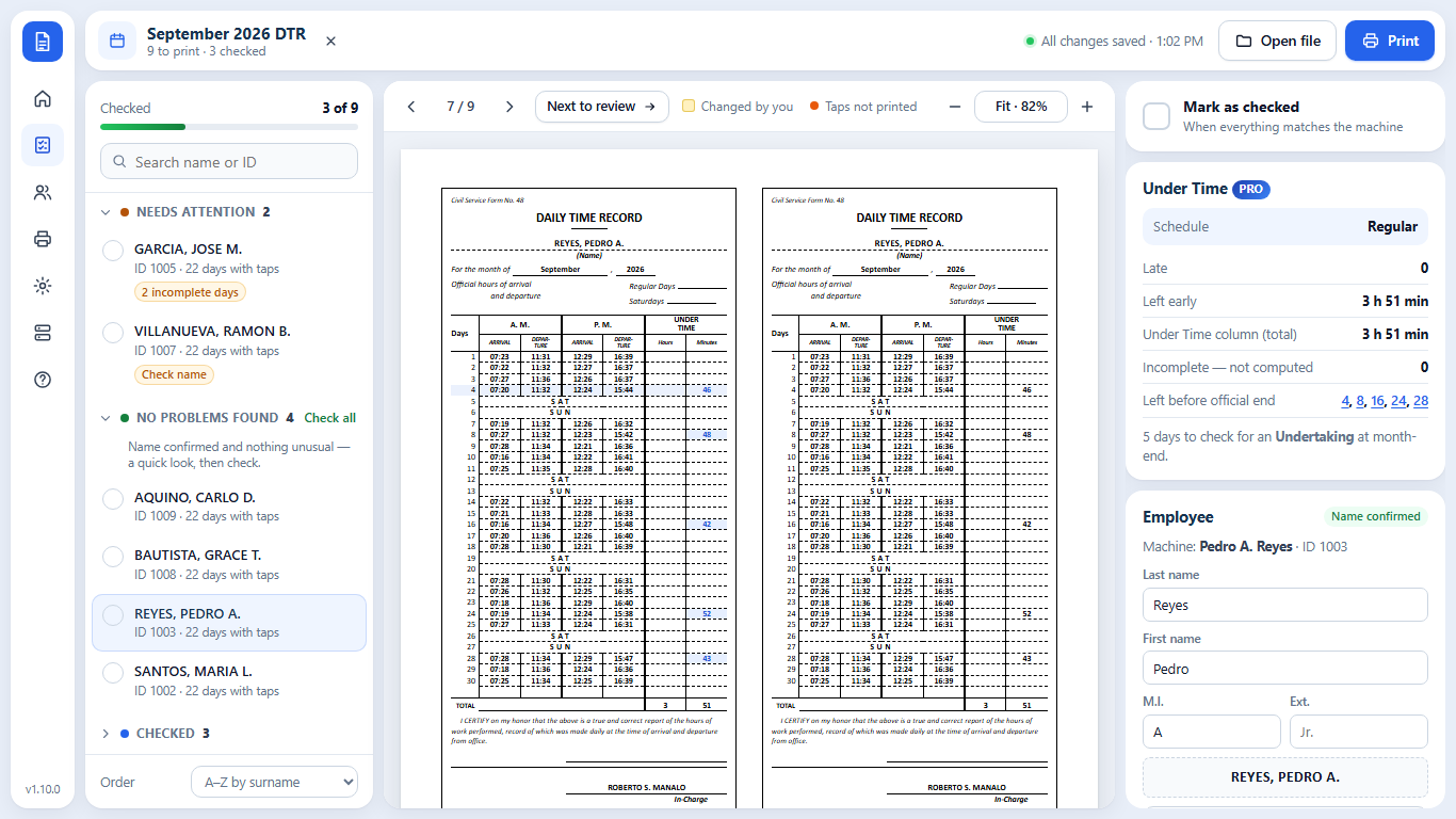 DTR Converter checking screen: the employee list in groups, the CSC Form 48 preview, and the Under Time summary