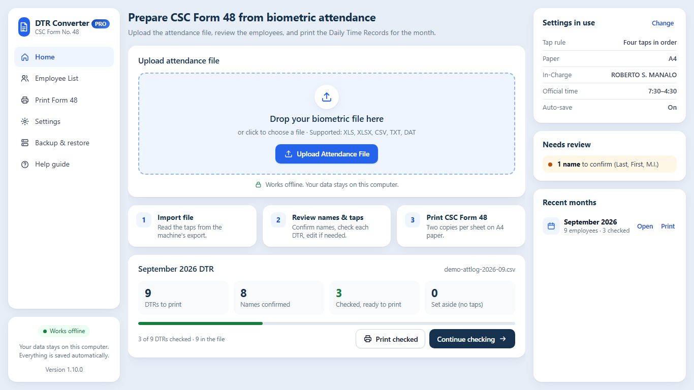 DTR Converter Home: upload box, three steps, and the month summary