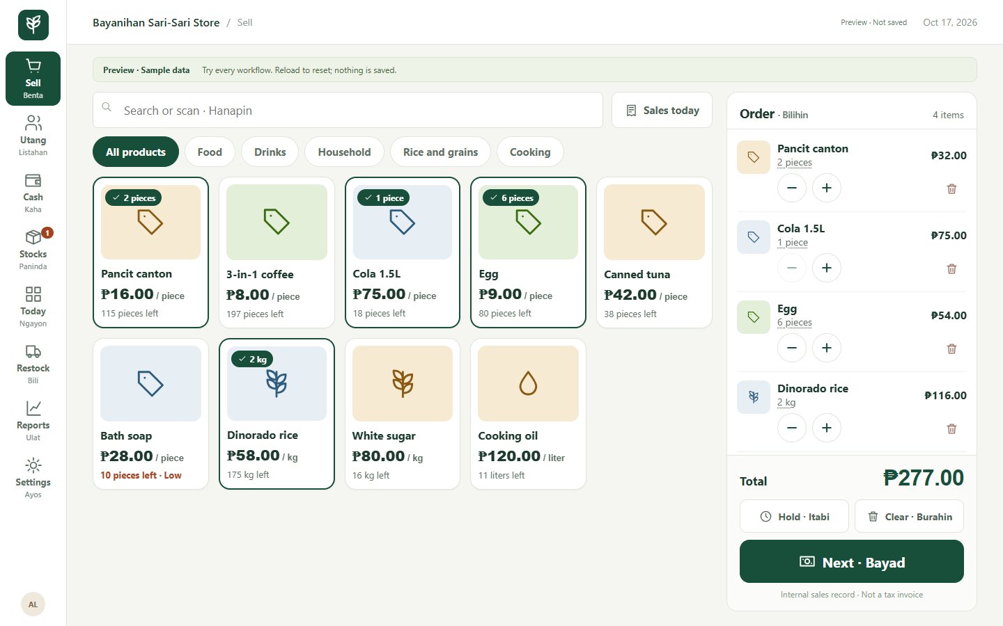 Sell screen: big product tiles with prices, an order with plus and minus buttons, the total and a large Next · Bayad button